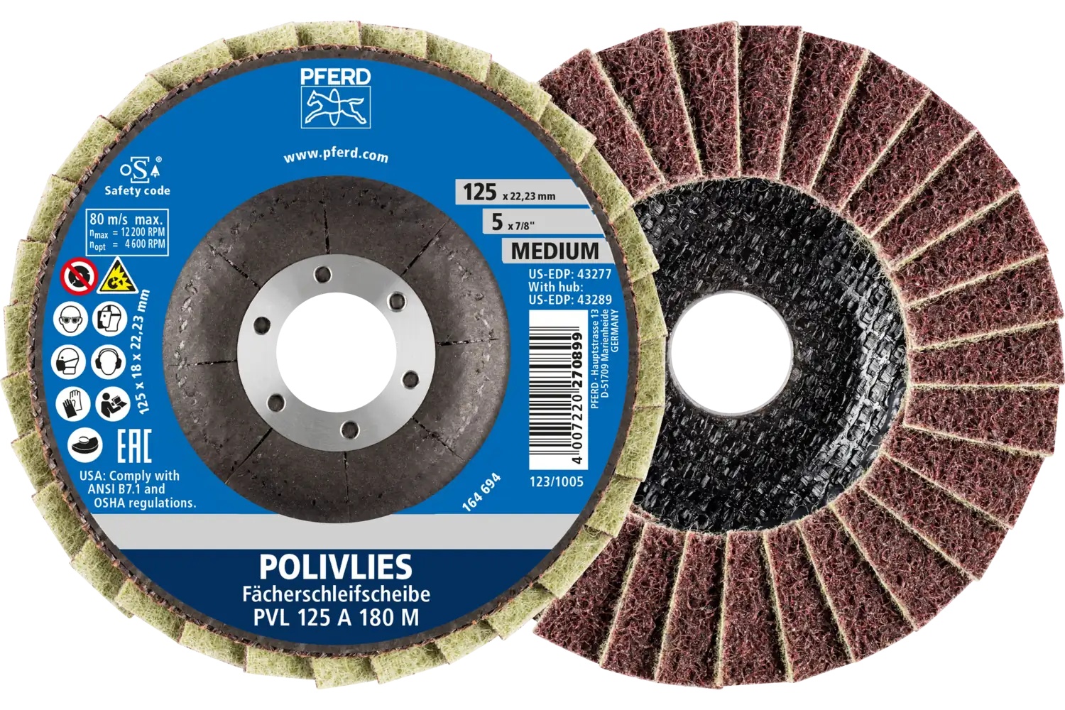 Picture of Pferd Polivlies® Non-Woven Flap Disc, 5" x 7/8, 180 Grit, Medium, Aluminum oxide